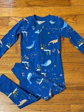 Hanna Andersson 3T Organic Cotton Whale Narwhal Ocean Zip Pajamas Blue EUC